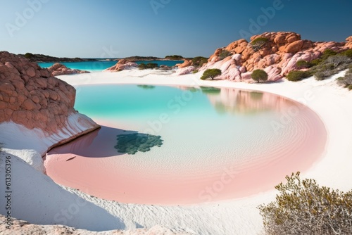Budelli Island in the Maddalena Archipelago of Sardinia, Italy, offers a beautiful pink sand beach. Generative AI photo