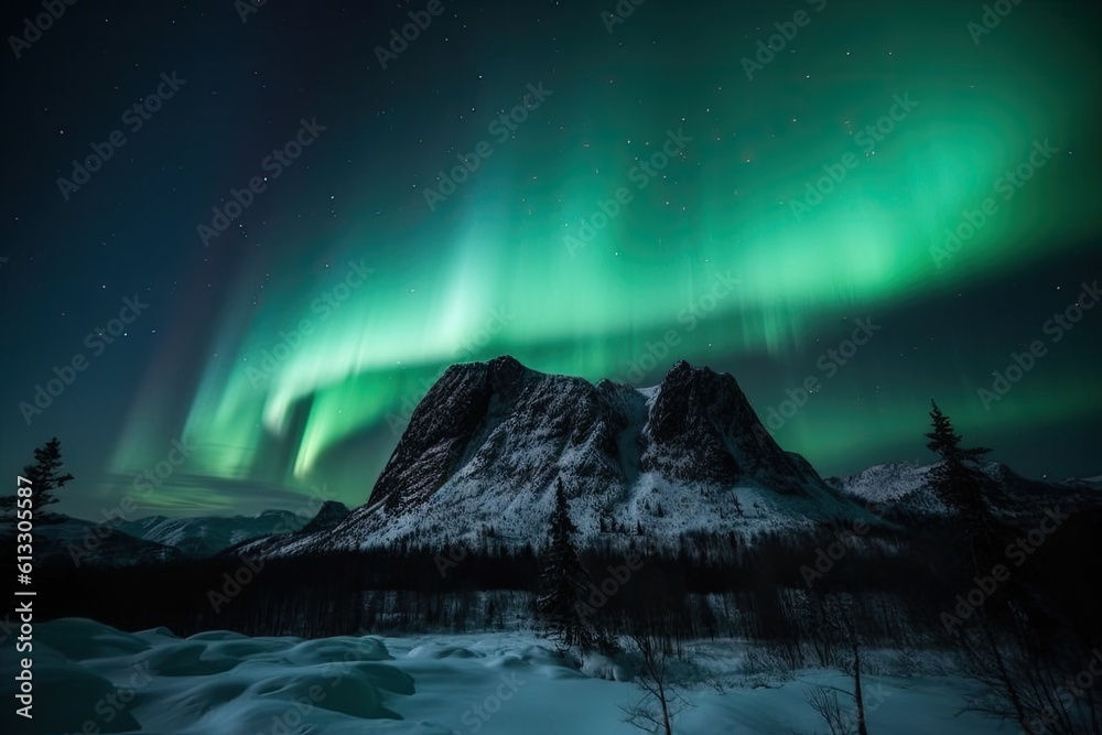 beautiful green and purple aurora borealis shining above a snow-covered mountain landscape. Generative AI