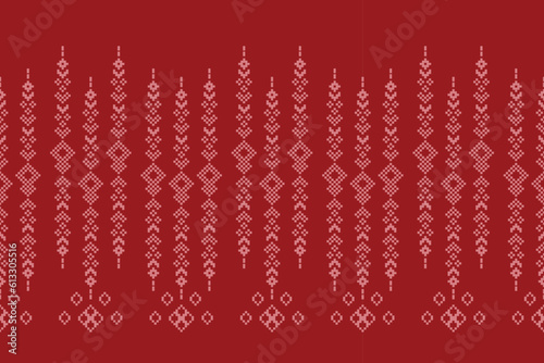 Ethnic geometric fabric pattern Cross Stitch.Ikat embroidery Ethnic oriental Pixel pattern red background. Abstract,vector,illustration. Texture,clothing,frame,decoration,motifs,silk wallpaper.