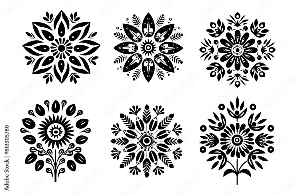 Black silhouette round symmetrical flowers. Scandinavian folk art vector illustration. Floral composition art drawing.