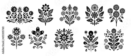 Black silhouette symmetrical flowers. Scandinavian folk art vector illustration. Floral composition art drawing. photo