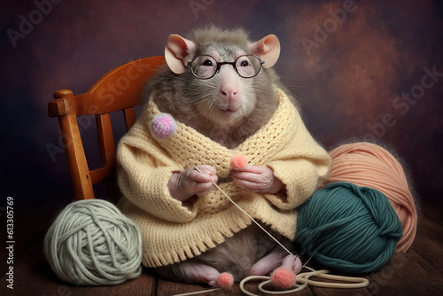 a very old rat knitting like a grandmother created with Generative AI technology photo