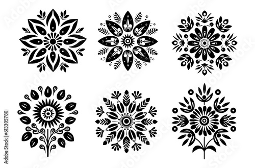 Black silhouette round symmetrical flowers. Scandinavian folk art vector illustration. Floral composition art drawing.
