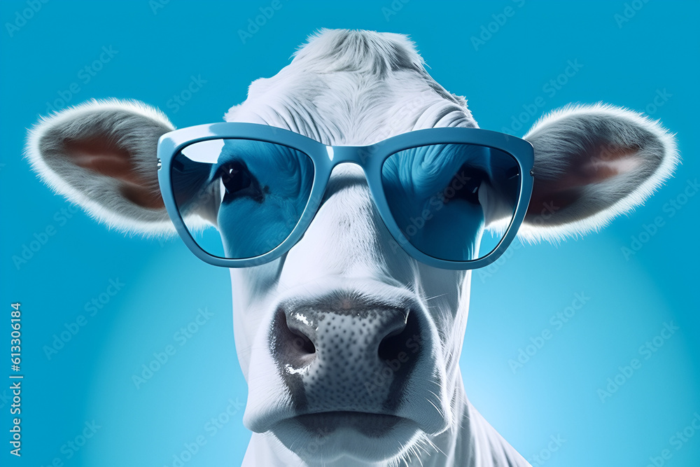 blue cow with sunglasses, in the style of solarization effect