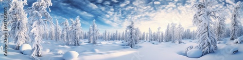 an illustration, view of the trees covered with frost in the snow, website header, ai generative © Jorge Ferreiro