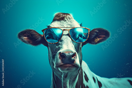 cow wearing sunglasses on blue background, in the style of solarization effect