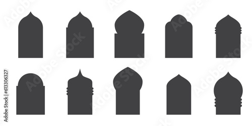 Islamic shape of door arches. Set of oriental style arabic doors or windows. Design element for Ramadan kareem, islamic design, label, banner. Arabian shape arch. Vector flat illustration