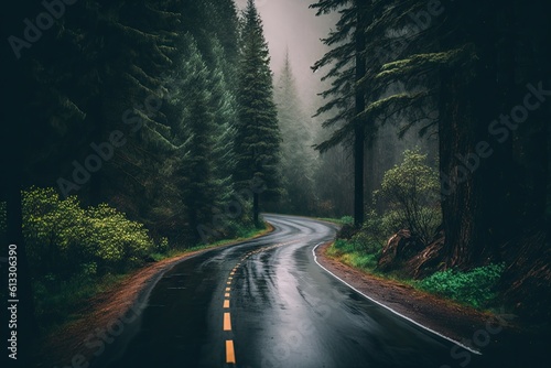 a road on a soggy spring day amid a hazy forest. Beautifully winding mountain road, foggy woods, and overcast skies. A summertime view with a deserted asphalt road between some trees. Generative AI