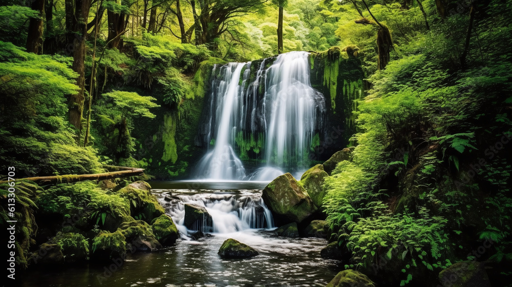 Captivating Image of Immaculate Serene Waterfall in Lush Forest, Sunlight Peeking Through Leaves, Dynamic Lighting Effect