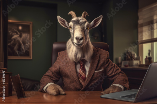 Anthropomorphic goat in business suit at work in its office © ChaoticDesignStudio
