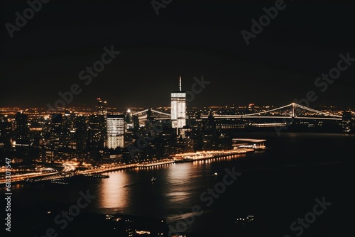 bustling cityscape at night with a prominent bridge in the background. Generative AI © Vusal