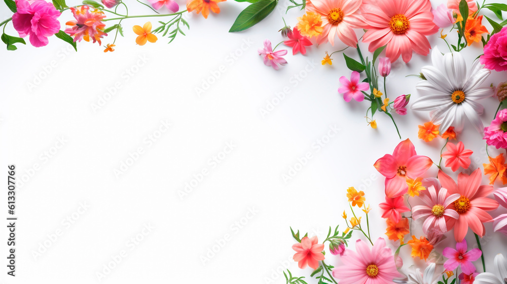 spring flowers on a white background with empty space to insert, top view. Generative Ai. spring flowers on a white background with empty space to insert, top view. Generative Ai.