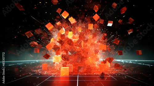 orange squares flying apart in an explosion on a black background, abstraction. Generative Ai. 