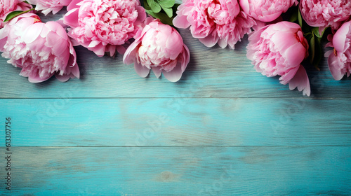 pink flowers on wooden background. Generative Ai.  © PETR BABKIN