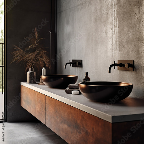 Valokuvatapetti Industrial Minimalist Rustic Bathroom with Stone Sink and Beautiful Modern Acces