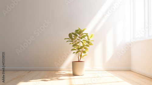 Sunny empty room with tropical plant against the wall. Generative Ai. 