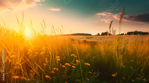 rural landscape, field at sunset. Generative Ai. 
