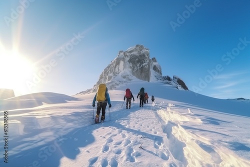 illustration, group of mountain climbers, climb the slope, ai generative