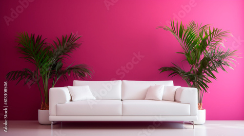 modern living room with white sofa on purple background. Generative Ai.  © PETR BABKIN