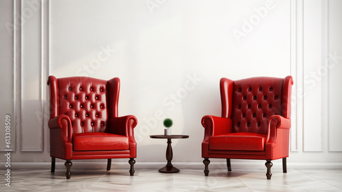 two red leather armchairs in a bright room. Generative Ai. 