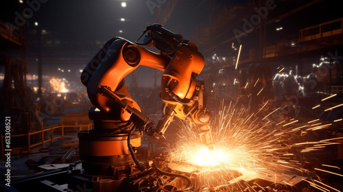 powerful welding robot in the factory. Generative Ai. 