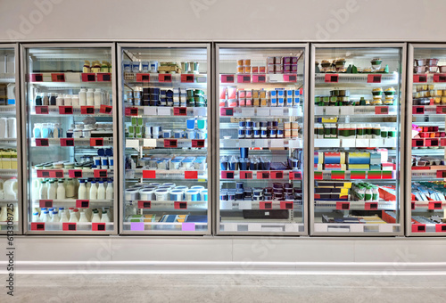 dairy products, food in refrigerator of supermarket. commercial image