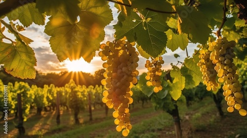 white grapes and sun in the background