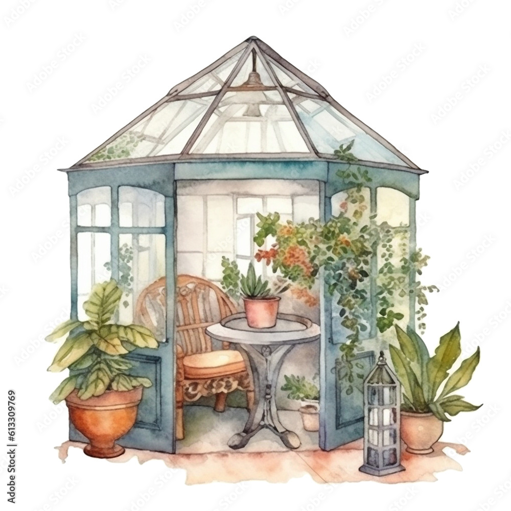 Greenhouse Glasshouse - Detailed Watercolor Painted - PNG Transparent Clipart - Flowers and Plants, Generative AI