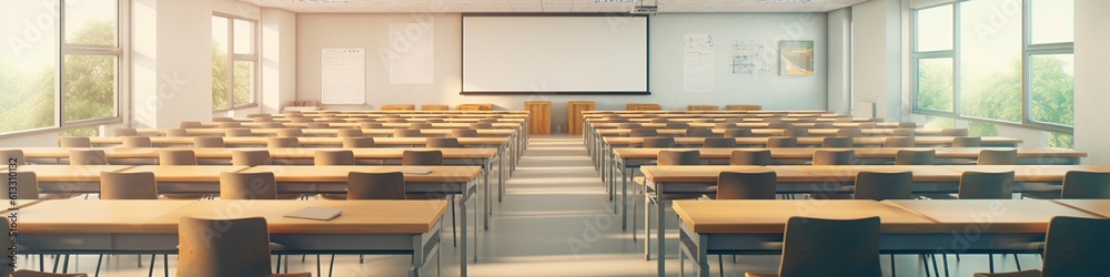 Fototapeta premium illustration, blurred empty college classroom, website header, ai generative