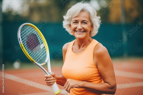 lively senior woman holds a tennis racket and ball, active sports game on the court.