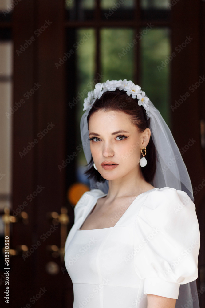 Fototapeta premium portrait of a beautiful bride in a white dress with a veil and a hoop of flowers.