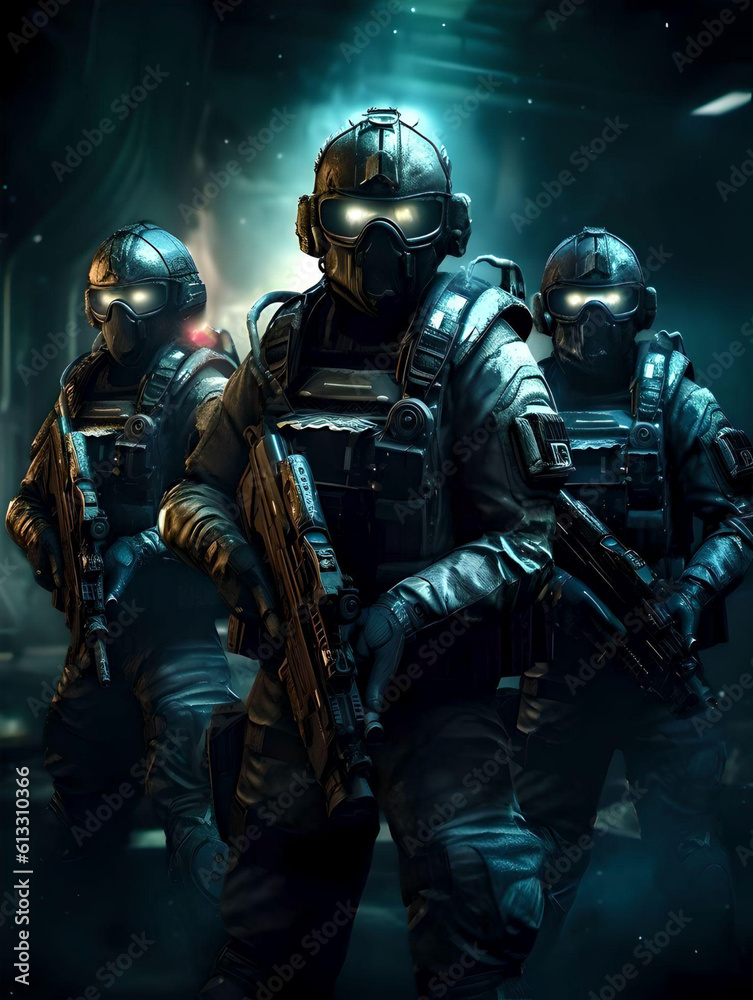 futuristic anti alien squad team with mask and helmet - science fiction generative ai