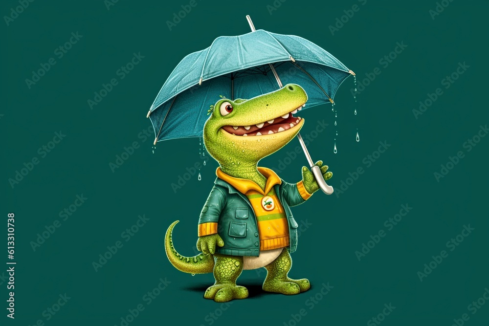 Fototapeta premium illustration,cute alligator with umbrella, website header, ai generative