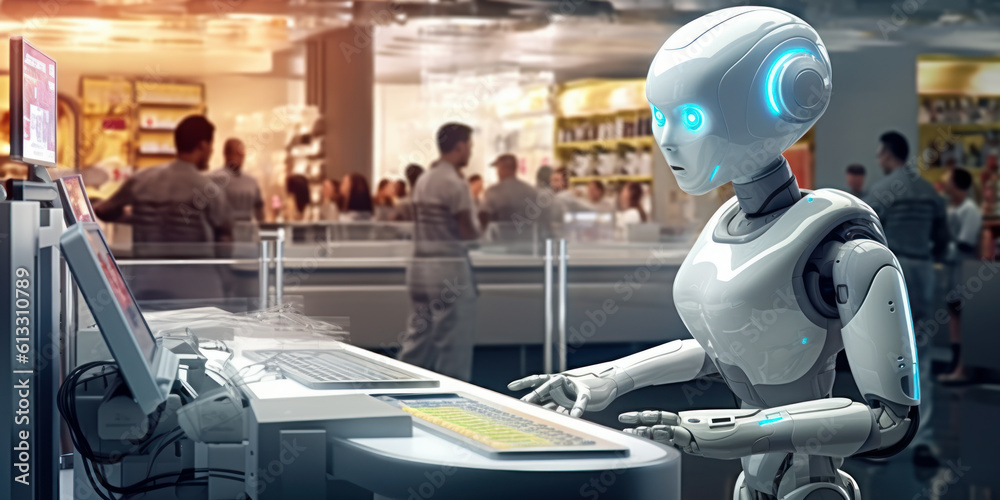 Obraz premium Digital Innovation: AI Robot Cashier Simplifies Sales Process