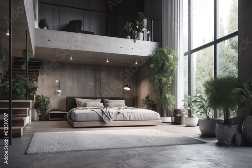cozy bedroom with a minimalist design and natural elements. Generative AI