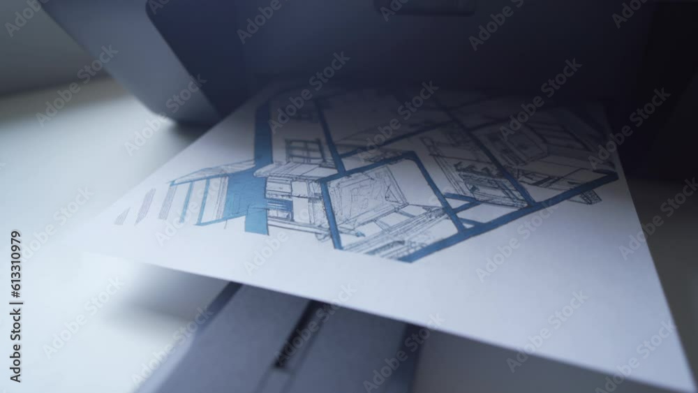 Blue Print Plan of a House Building Being Printed on a Paper Closeup
