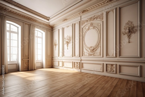 an empty room with natural light shining through the large windows onto a wooden floor. Generative AI