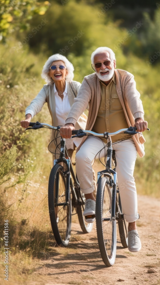 Delighted senior pedaling bicycles along the park path, outdoor escapade. Delighted senior pedaling bicycles along the park path, outdoor escapade.
