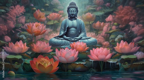 illustration, meditating buddha, website header, generative ai