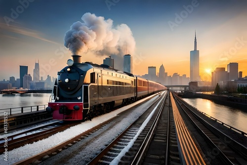 steam train at sunsetgenerated by AI technology 