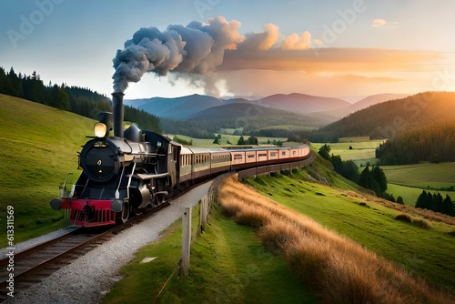 steam train in the countryside generated by AI technology 