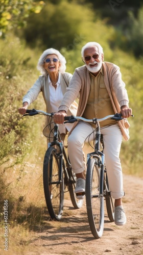 Delighted senior pedaling bicycles along the park path, outdoor escapade.