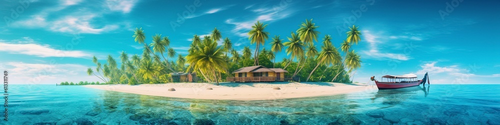 illustration, beautiful landscape, tropical island with boat, website header, ai generative