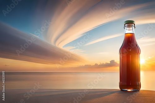 beer bottle on the beach   generated by AI technology 