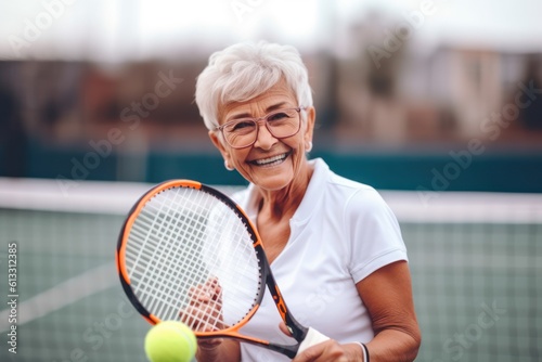 senior woman holds a tennis racket and ball, looking directly into the camera active sports