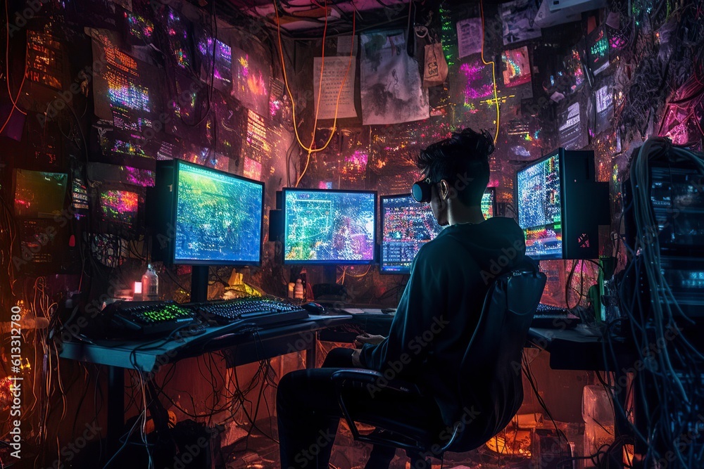 illustration, dark room internet hacking, generative ai