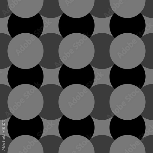 Grey and black figures background. Overlapping circles texture. Ethnic motif. Seamless surface pattern design with circular quilts ornament. Digital paper with rings for textile print, web designing.