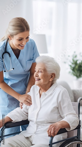 health visitor embraces and supports a senior patient, young woman with a stethoscope at home