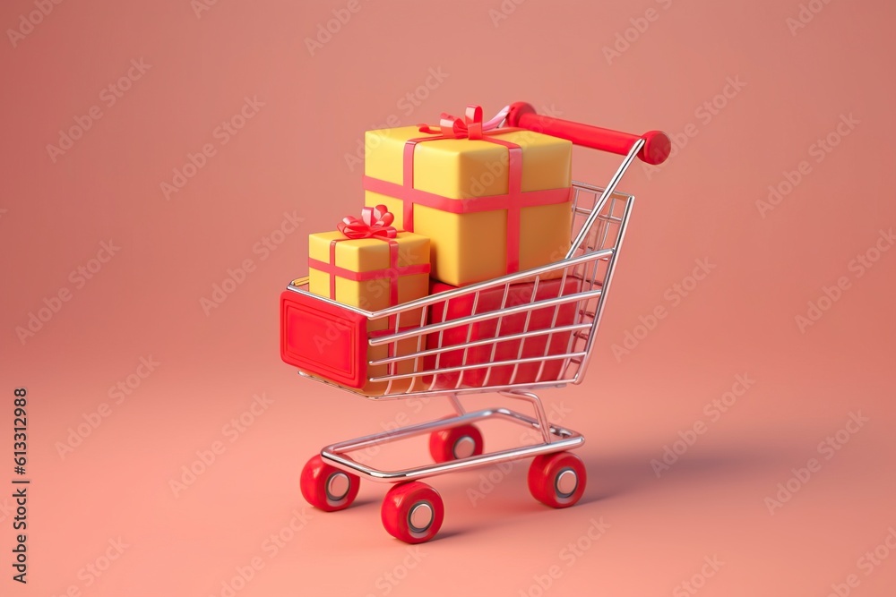 illustration, shopping cart with shopping box, ai generative