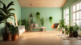 green room, interior landscaping, plants in the room, rest room, light room, plants on the background of a light green wall, botanical interior, ai generative 